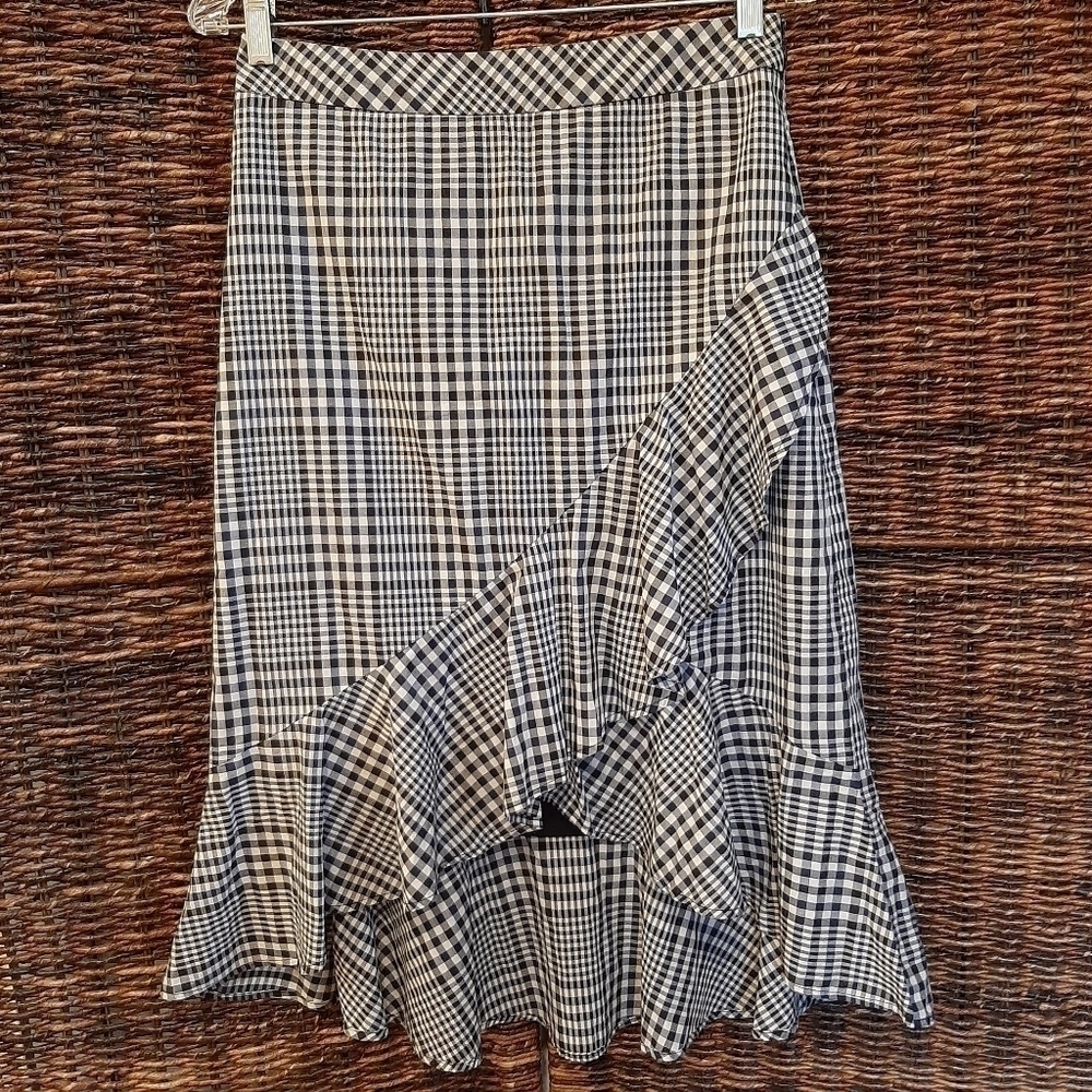 Trina Turk Women's 2 Nikita Gingham Plaid Asymmetric Ruffle Midi Wrap Skirt Blue